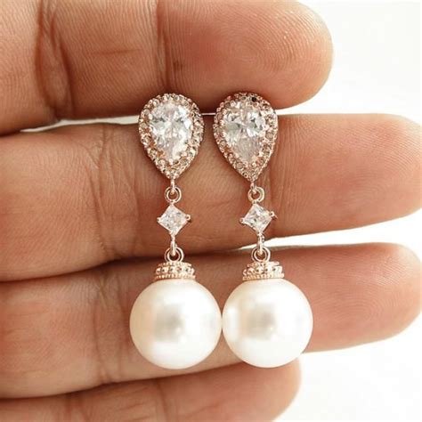 Pearl Rose Gold Earrings Wedding Jewelry Cubic Zirconia Pearl Drop Bridal Earrings White OR ...