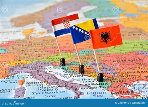 Balkans, Map and Flags of Albania, Bosnia and Herzegovina, Croatia Stock Image - Image of mark ...