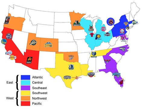 Map of all the NBA teams organised by conference and geographical division @Amanda Woodard for ...