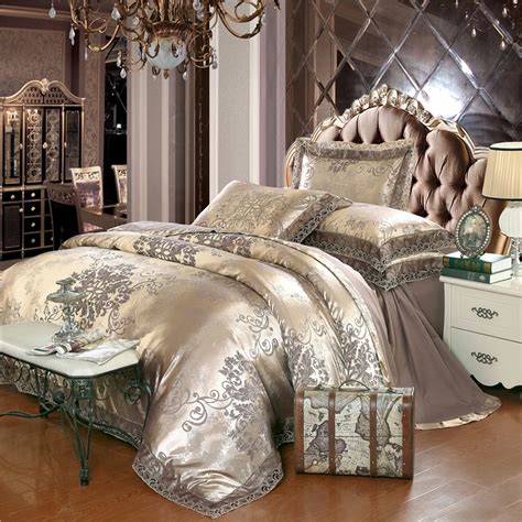 Gold silver coffee jacquard luxury bedding set queen/king size stain bed set 4pcs cotton silk ...