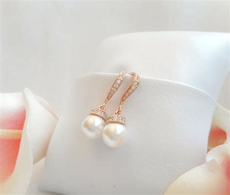 Rose Gold Swarovski Pearl Bridal Earrings Pearl And CZ Rose Gold Earrings Rose Gold Bridal ...