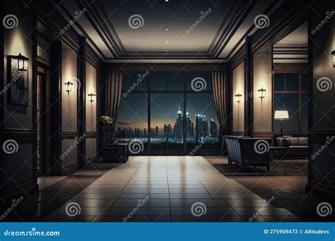 Empty Luxury Hotel Reception with Beautiful View of the City at Night Stock Illustration ...