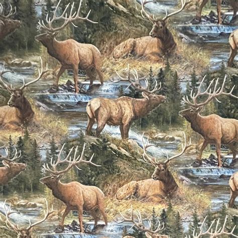 100% Cotton Elk Wildlife Cotton Fabric, Digital Print, Woodland, Mountains, Trees, - Etsy