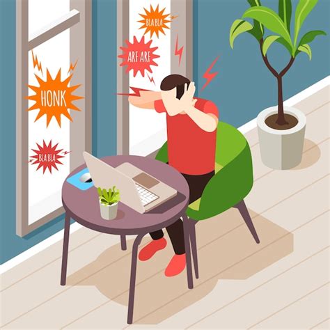 Free Vector | Noise pollution isometric composition with indoor scenery and man having trouble ...