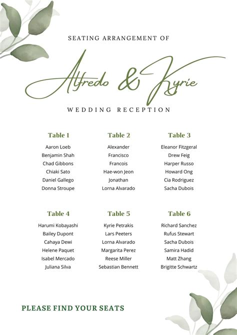 Wedding Seating Chart Free Template - Printable Form, Templates and Letter