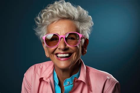 Premium AI Image | Portrait of happy senior woman in pink glasses Laughing old woman with ...