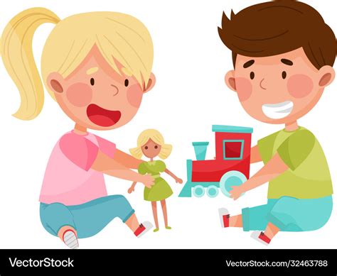 Friendly kids playing together and sharing toys Vector Image