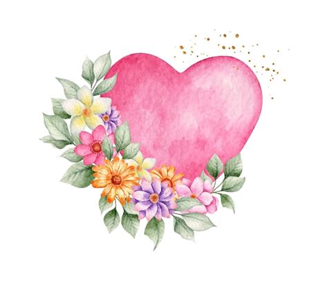 Premium Vector | Watercolor pink heart with flowers