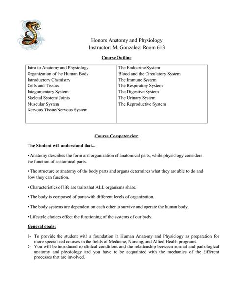 Anatomy and Physiology Course outline