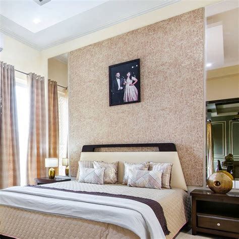 Beige Damask Wallpaper Design For Bedrooms | Livspace