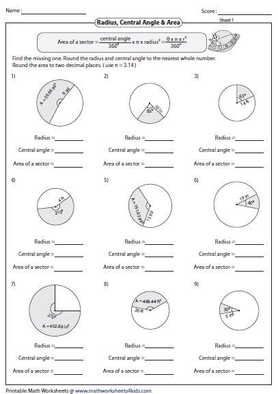 Area Of A Sector Worksheets