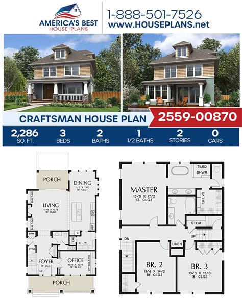 A 2-story Craftsman home design, Plan 2559-00870 delivers 2,286 sq. ft., 3 bedrooms, 2.5 ...