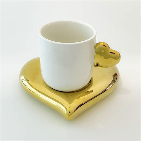 Cute Coffee Mug White Mug ( Heart Shaped Golden Colour Tray ) - Angroos