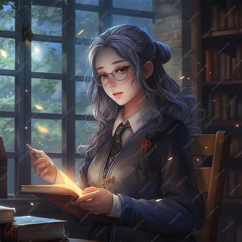 Premium AI Image | Anime girl reading a book in a library with a book open generative ai