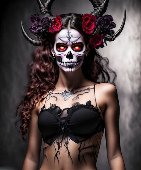 Premium AI Image | beautiful skeleton woman with halloween makeup made with generative Ai