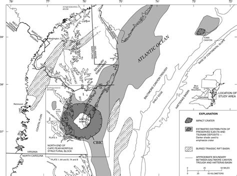 Map of the Chesapeake Bay impact crater. The slumping of sediments into the crater largely ...