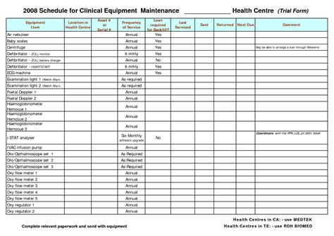 Equipment Maintenance Schedule Template