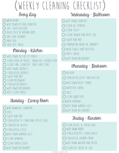 Free Downloadable – Weekly Cleaning Checklist