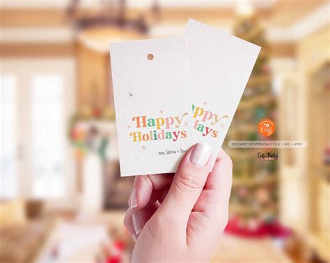 Retro Happy Holidays gift Tags, Editable Happy Holidays hang Tag - Ins – Cute Party Dash