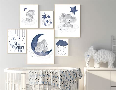 Nursery decor boy elephant, nursery wall art boy, navy Blue, moon and stars, navy nursery, boy ...