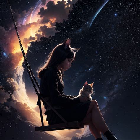 Cute Girl Wallpaper 4K, Kitten, Dream, Surreal, Night sky