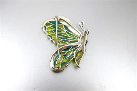 Sterling Silver Marcasite Enamel Butterfly Brooch. Plique A Jour from tonettestreasures on Ruby Lane