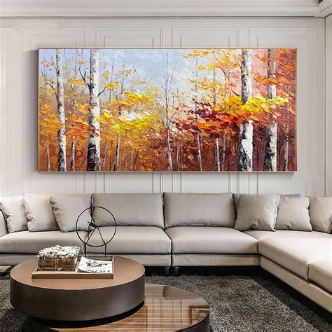 Original Autumn Landscape Palette Knife Painting Abstract Forest Texture Mural Yellow Birch Tree ...