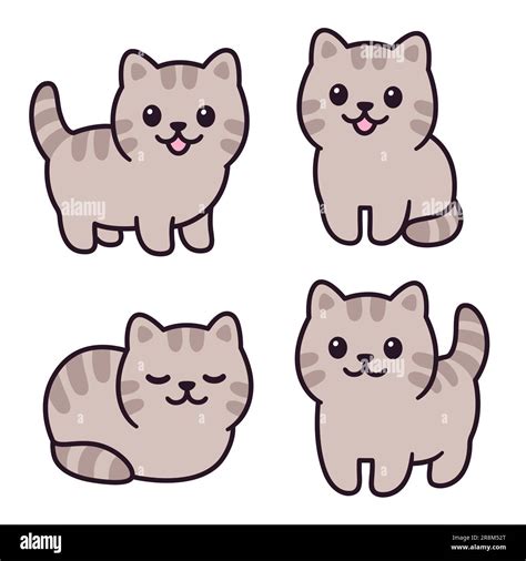 Tiny baby tabby kitten drawing set. Adorable little fat cat standing, sitting and lying. Simple ...