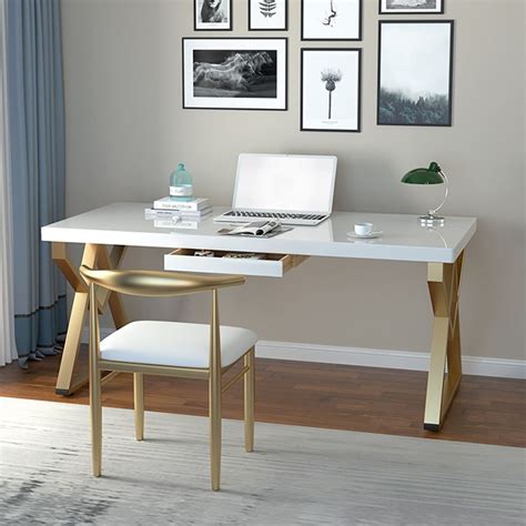 Modern White Writing Desk In Solid Wood Metal Home Office Desk