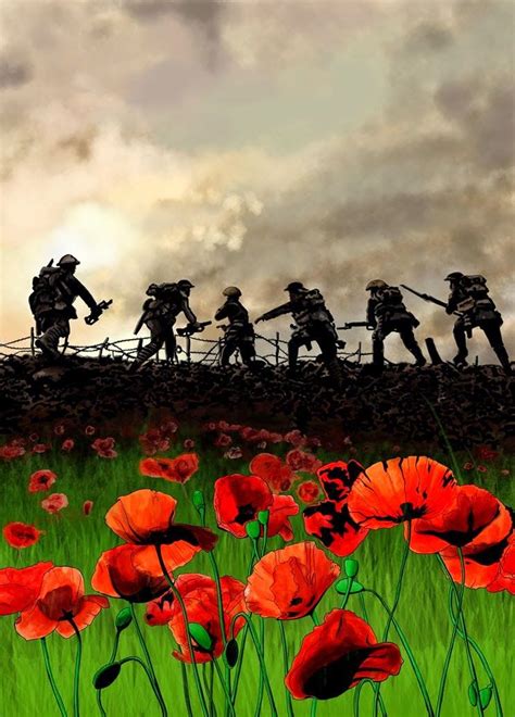 a painting of soldiers walking across a field with red flowers in the foreground and clouds in ...