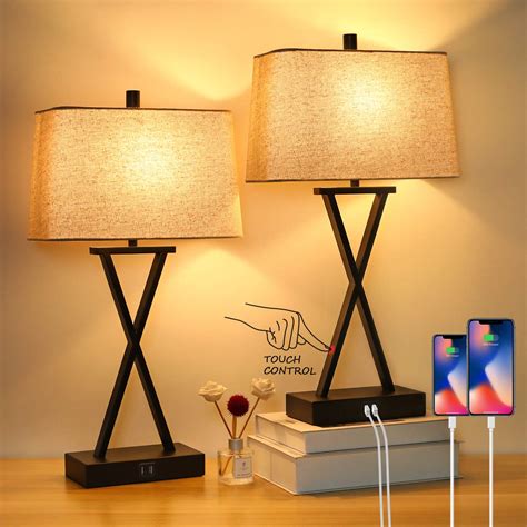 Set of 2 Touch Control 3-Way Dimmable Table Lamp Modern Nightstand Lamp with 2 USB Port Bedside ...