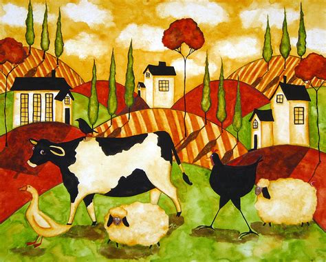 Hubbs Children Art Folk Prints Farm Animals Cow Sheep Goose Chicken Hen Bird by Debi Hubbs