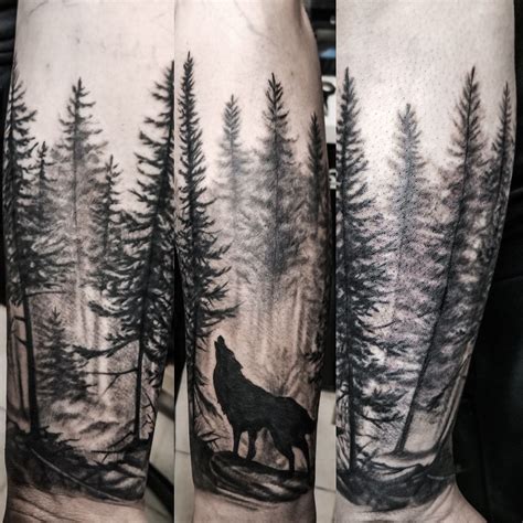 wolf mountain scene tattoo - redandwhitepainting