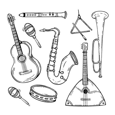 Set musical instruments hand drawn style. Vector black and white doodle illustration 12751165 ...