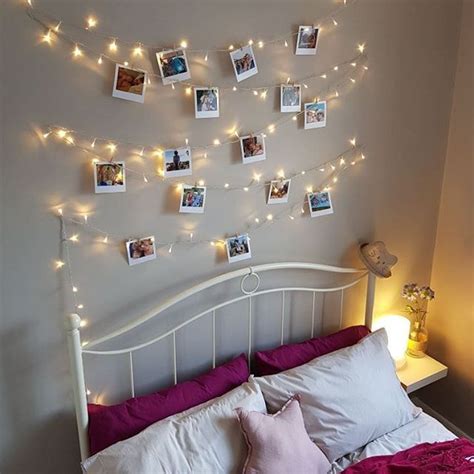 Totally inspired by Lisa Dawson, fairy lights photo wall, polaroid pictures, double bed ...