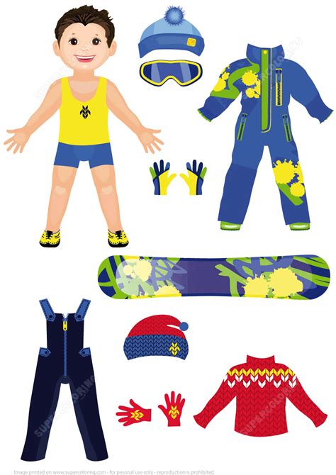 Boy Paper Doll with a Set of Winter Sportswear Clothing | Free Printable Papercraft Templates