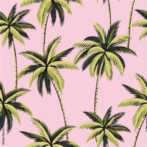 Tropical green palm trees floral seamless pattern pink background. Exotic jungle wallpaper ...