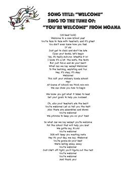 "Welcome" to the tune of "You're Welcome" from Moana by Lindsey Nicastro