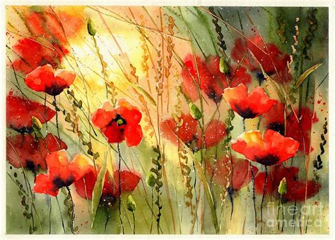 Red Poppies watercolor Painting by Suzann Sines