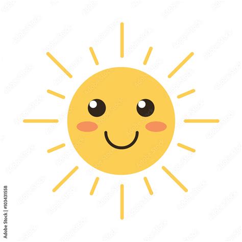 Flat design smiling cartoon sun isolated on white background. Vector illustration. Stock Vector ...