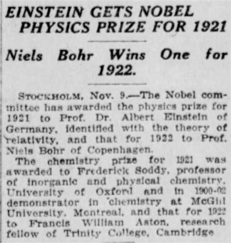 Albert Einstein is awarded the Nobel Prize for Physics in 1921 - Newspapers.com