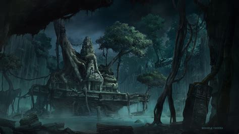 Concrete ruins surrounded with trees and body of water wallpaper, temple, jungle, fantasy art ...