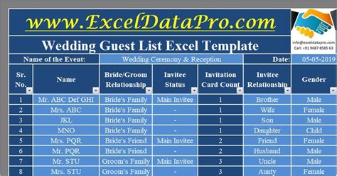 Download Wedding Guest List Excel Template - ExcelDataPro