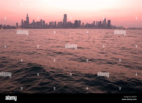 Chicago Skyline at sunset from Lake Michigan Illinois Stock Photo - Alamy