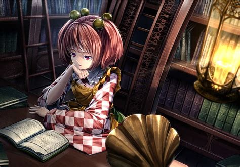 3840x1080px | free download | HD wallpaper: anime girl, reading, library, apron, brown hair, one ...