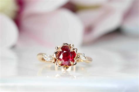 Engagement Ring Ruby - Floral design with vivid red ruby