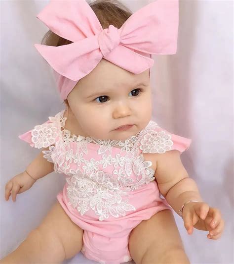 2PCS Super Cute Pink Newborn Baby Girl Rompers Jumpsuit Lace Floral Clothes Headband Outfits ...