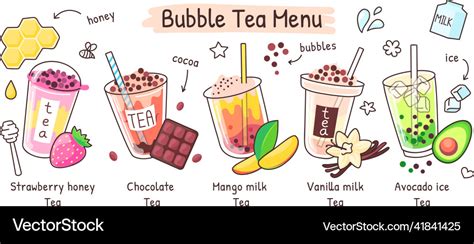 Bubble tea menu boba drink in different flavors Vector Image