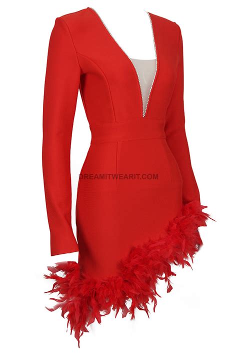 Long Sleeve Rhinestone Feather Dress Red - Luxe Feather Dresses and Luxe Party Dresses