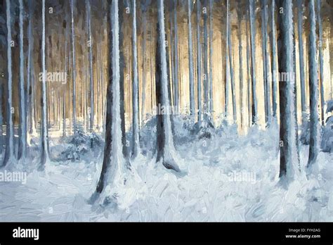 Oil painting snowy trees in the winter forest Stock Photo - Alamy